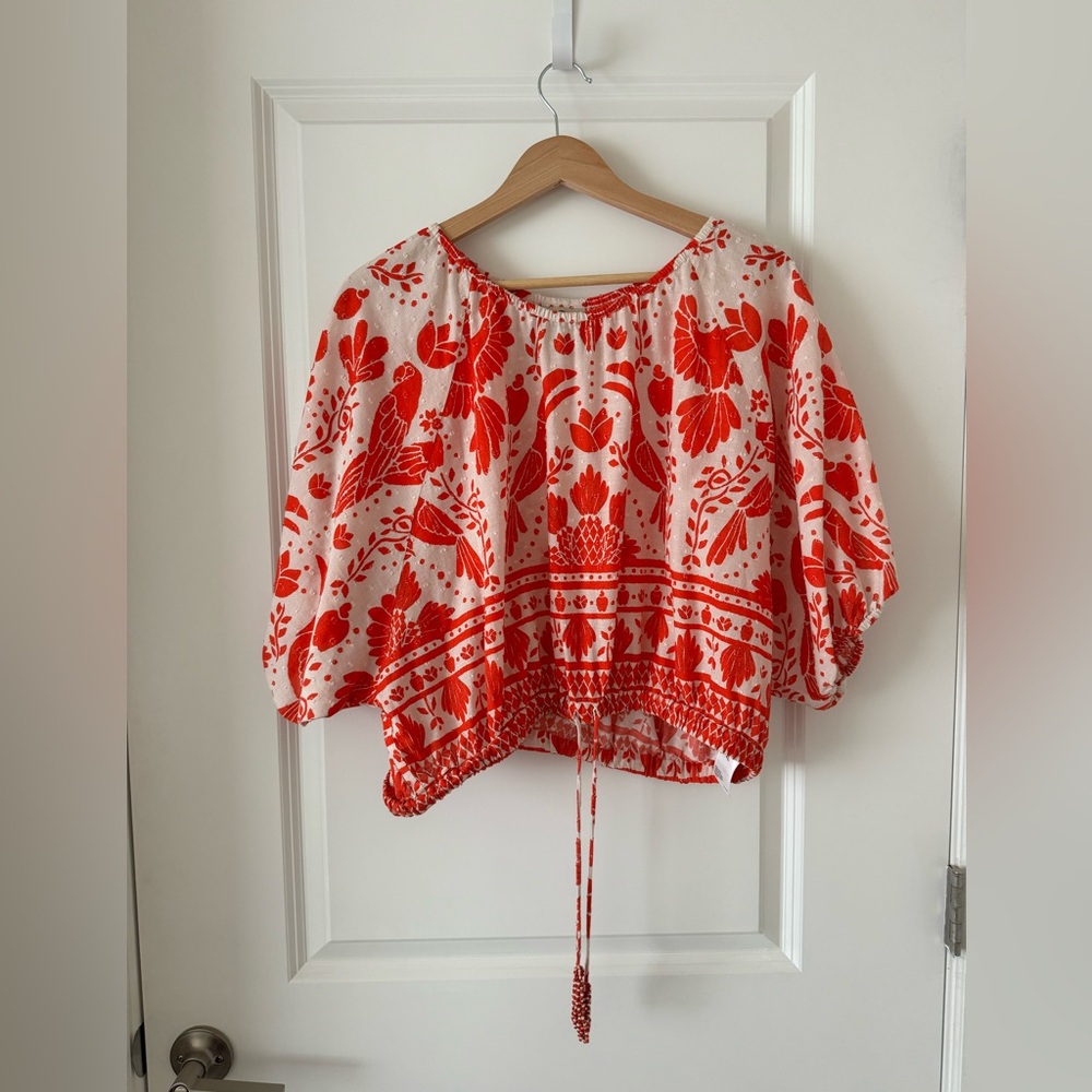 Farm Rio Jungle Flow Bird Floral Cropped Blouse